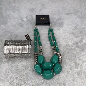 Noir Jewelry Chunky Green Stone Necklace and Wired Stacked Bracelette New